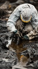 A man in a white and yellow protective suit is kneeling in a muddy water