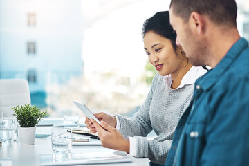 Business people, tablet and talking in office for collaboration, brainstorming or sharing ideas....