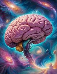 A surreal depiction of a human brain floating in space, surrounded by vibrant nebulae and cosmic elements.