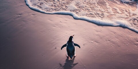 Tranquil Scene: Penguin Walking Along Sea Sand
