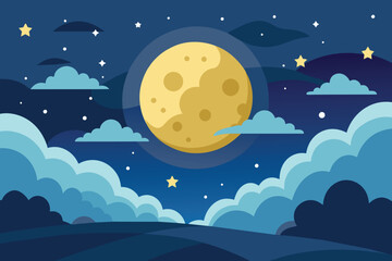 Night starry sky with full moon and cloud. Vector background with cloudy sky, moonlight vector