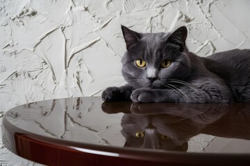 Gray cat with yellow eyes poses with paws on table, reflecting in polished finish