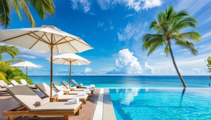 Luxurious beach resort with pool, beach chairs, palm trees, sea horizon, and blue sky