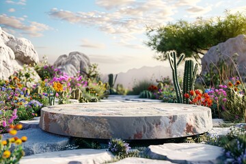Banner space for text: 3D rendering of a podium with a rock and cactus background, accented with a stone pathway and wildflowers