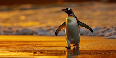 Seaside Charm: Penguin's Leisurely Walk on the Beach