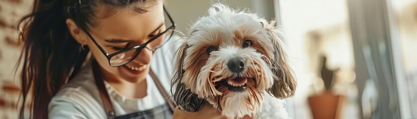 Ultrarealistic photography stock photo of a smiling young groomer in an apron trimming a cute furry dog in a pet salon, capturing the detail and joy of the moment