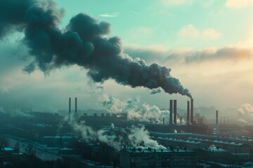 Industrial chimneys emitting black smoke, air pollution concept for global warming, banner