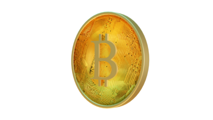 Golden Bitcoin Token with Computer Circuitry Texture with Slight Tarnish