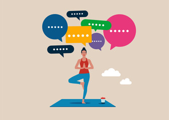 Girl practicing yoga having many ideas. Woman costs in a yoga position. Flat vector illustration.