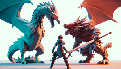 2D fantasy character facing off against a 3D dragon