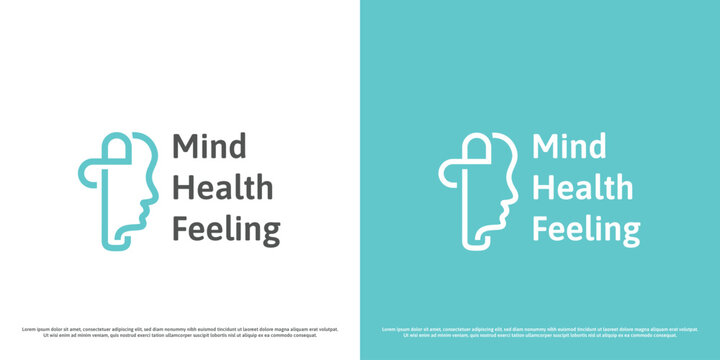 Mind health logo design illustration. Silhouette of human head face plus cross mental medical care support mind awareness pensive cerebral feelings neurology. Minimal simple people icon symbol.