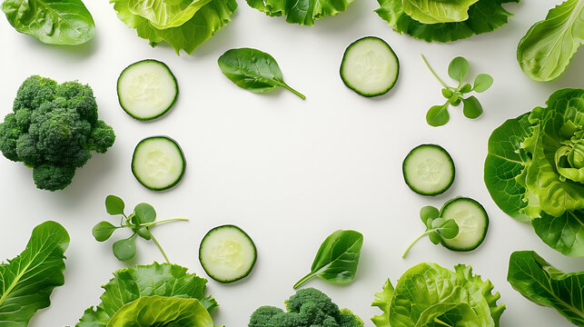 Fresh green vegetables arranged on white background with space for text