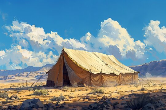 A minimalist illustration of Moses' meeting tent in the desert, created with simple shapes and subtle details to convey the spiritual significance and historical importance of the place 