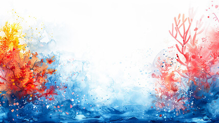 Abstract watercolor background with coral reef and seaweed. Vector illustration.