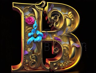 3D Illustration of the letter B with floral ornament on a black background