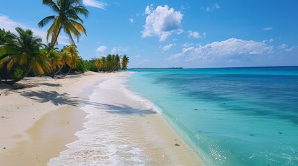 Beach Paradise: A picturesque tropical beach with white sandy shores, clear turquoise waters, and palm trees swaying in the breeze. The idyllic setting evokes a sense of relaxation and escape.