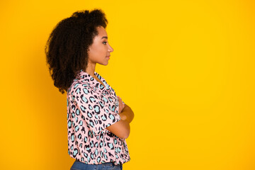 Photo portrait of pretty young girl profile crossed hands wear trendy leopard print outfit isolated...