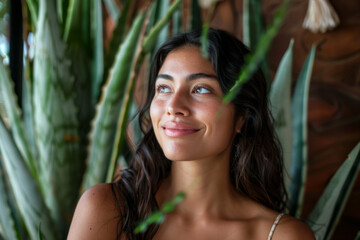 A Hispanic woman embracing her heritage through natural cosmetics, incorporating ingredients like aloe vera and coconut oil into her skincare line, rooted in the traditional remedies passed down