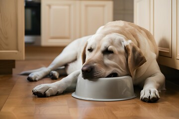 Relaxed Labrador with bowl in mouth provides cozy kitchen ambiance