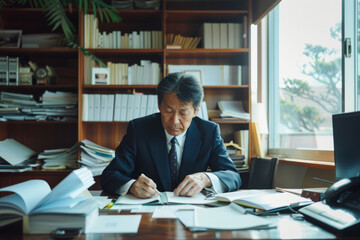A Japanese businessman, meticulously arranging documents on his desk in a minimalist office setting, preparing for a high-stakes negotiation with precision and attention to detail, his focused