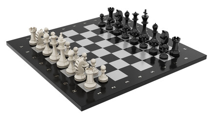 Chess pieces on the board in the starting position. Isolated. Transparent background. 3D Rendering.	