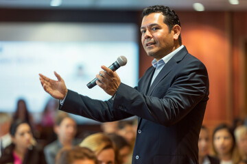 A Latino CEO, addressing shareholders at a corporate AGM, articulating his strategic vision for the company's growth with passion and conviction, his magnetic personality captivating the audience.