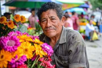 A Latino flower vendor showcasing his colorful blooms at a bustling street market, his charismatic personality and artistic flair drawing admirers who appreciate the beauty and freshness of his