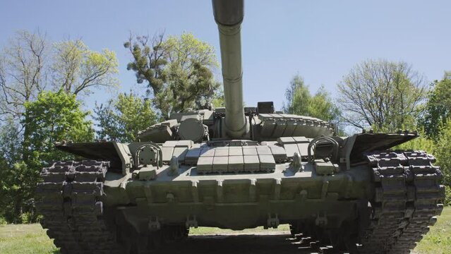 tank t80, armored vehicles with dynamic protection unit on street in green khaki color