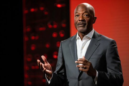 A poised African American businessman, delivering a captivating TED talk on leadership and resilience, his inspiring journey from adversity to success serving as a beacon of hope for aspiring