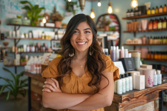 A passionate Latina woman running her own cosmetics shop, infusing her cultural heritage into her product selection and customer service, creating a welcoming space for beauty enthusiasts of all