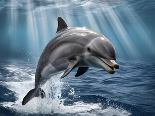 A playful bottlenose dolphin leaping joyfully out of the water, its dorsal fin cutting through the air as it performs an acrobatic display of agility and strength.
