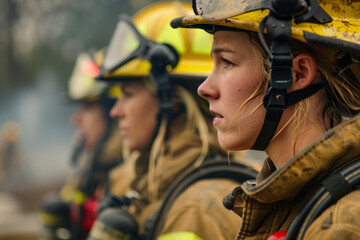 A team of female firefighters strategizing their response to a complex emergency situation, their unity and professionalism evident as they coordinate efforts and communicate effectively to ensure a