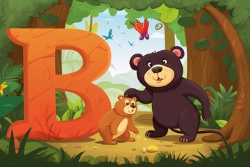 Alphabet letter B with cute bear in the jungle. Vector illustration