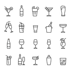 Drinks and cocktails outline icons set. Celebration, party, holiday, bar or pub symbol. Editable stroke