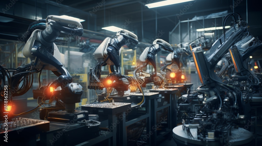 Poster A behind-the-scenes glimpse into the intricate programming and control systems that orchestrate the synchronized movements of robot arms in an electronics factory.