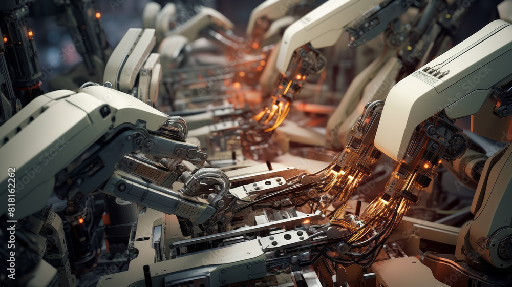 Poster A behind-the-scenes glimpse into the intricate programming and control systems that orchestrate the synchronized movements of robot arms in an electronics factory.