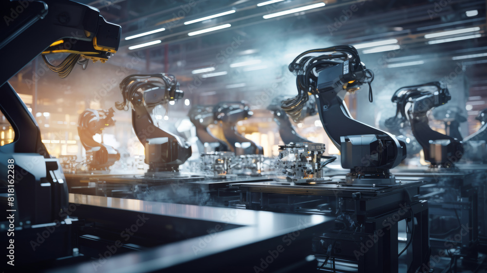 Poster A behind-the-scenes glimpse into the intricate programming and control systems that orchestrate the synchronized movements of robot arms in an electronics factory.