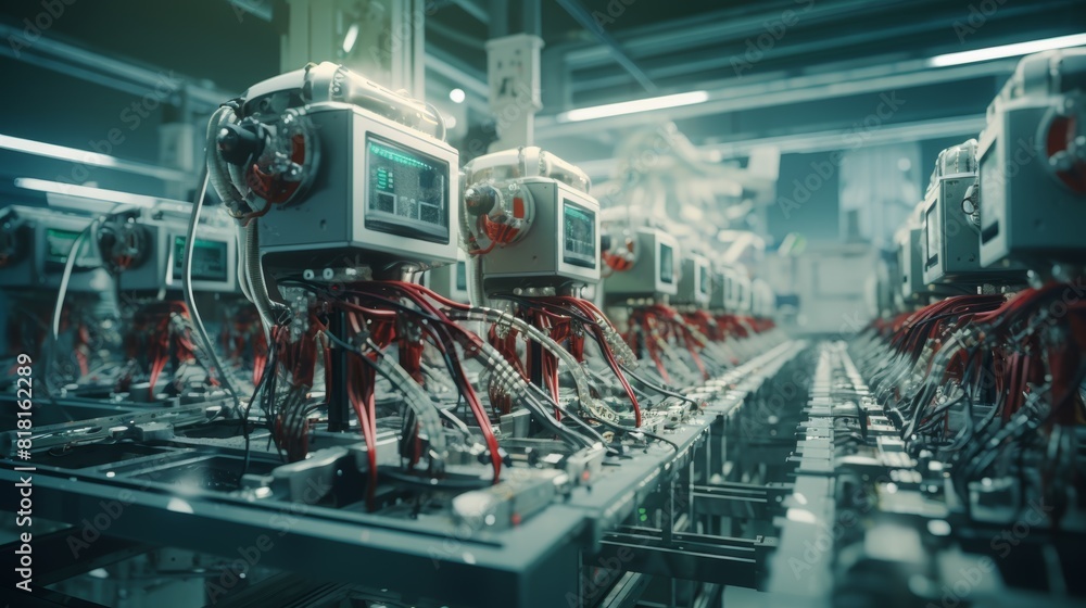 Poster A behind-the-scenes glimpse into the intricate programming and control systems that orchestrate the synchronized movements of robot arms in an electronics factory.