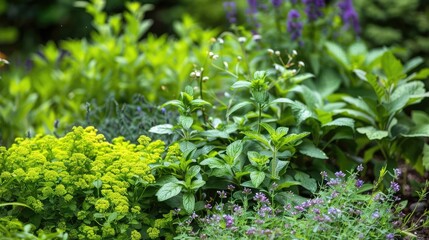 Herb Companion Planting Herbs planted alongside vegetables in gardens