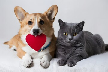 A Corgi dog and cat sharing love, warmth, and companionship on white surface