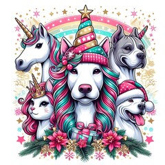 Many dogs with unicorns and a unicorn hat image realistic lively attractive image.