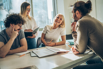 A diverse group of young individuals gathers at the language school to explore new languages and...