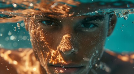 Close-up of young man underwater with sunlight pattern reflections on his face. Concentration, reflection, sea, ad concept