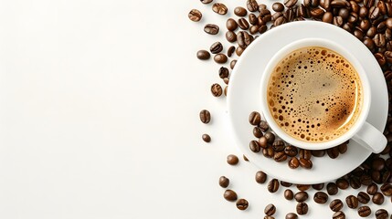 cup of coffee and coffee beans in a sack on dark background