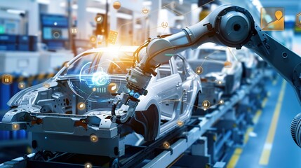 Fototapeta premium Car Factory Digitalization: Automated Robot Arm Assembly Line Manufacturing High-Tech Sustainable Electric Vehicles