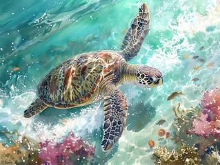 Fototapeta premium Illustrate the Kemps ridley turtle in a traditional watercolor medium