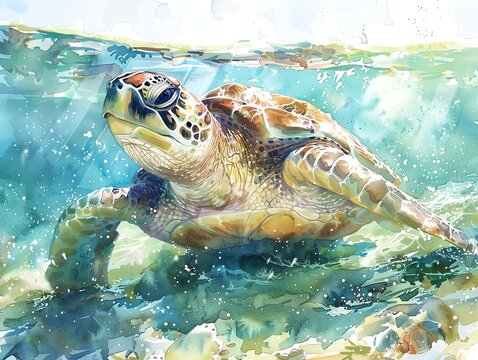 Illustrate the Kemps ridley turtle in a traditional watercolor medium