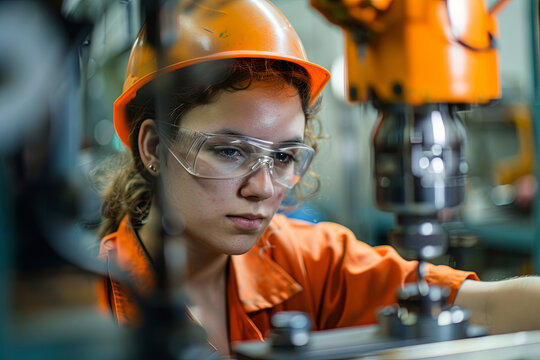 Female technician operating a drilling machine with precision and expertise in an industrial factory setting - Powered by Adobe