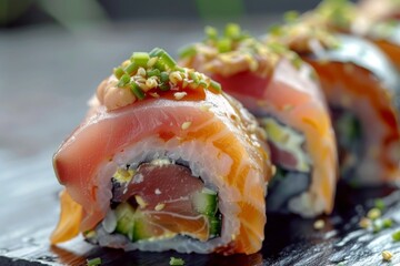 Eating Sushi Rolls with Chopsticks in Hands, Taking Sushi Roll, Eating Susi in Japanese Restaurant