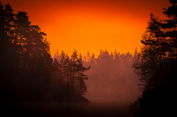 Stunning Sunrise Over Serene Forest Lake In Sweden During Autumn Morning